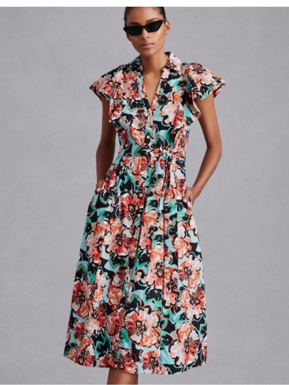Maeve Teal and Coral Floral Midi Dress